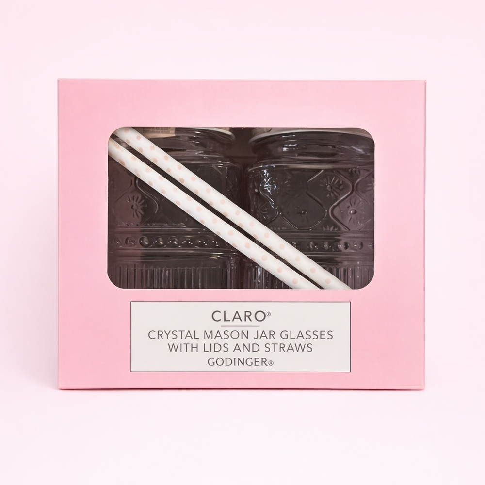 NWT Gorgeous Claro 16 oz Pink Mason‎ Jars w/ Floral Lid and Polka Dot Straw